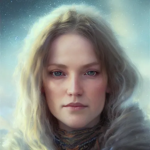 Image similar to portrait of a icelandic woman ( 3 5 ) from iceland in 2 0 2 1, an oil painting by ross tran and thomas kincade