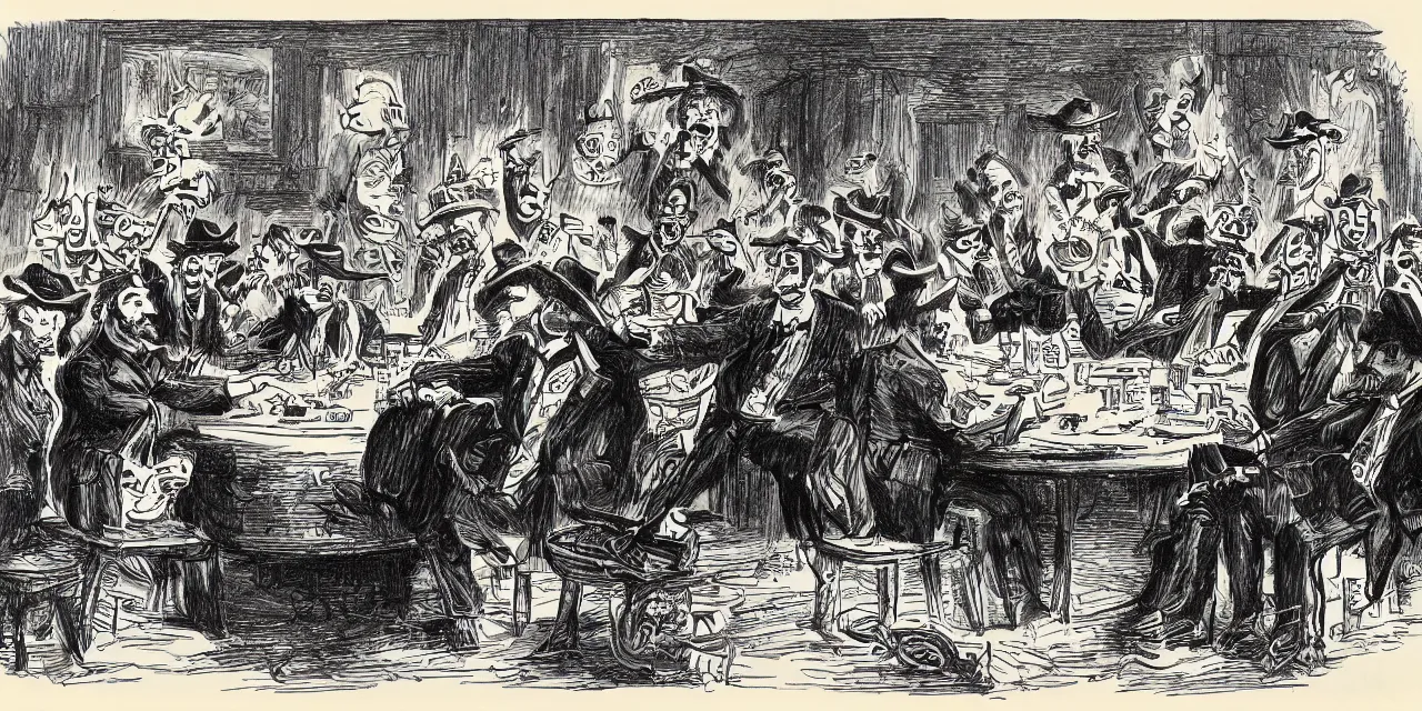 Image similar to caricature sketch by r. crumb, theme of insects dressed as cowboys playing cards while seated around a round table in front of a stage show 1 8 7 0