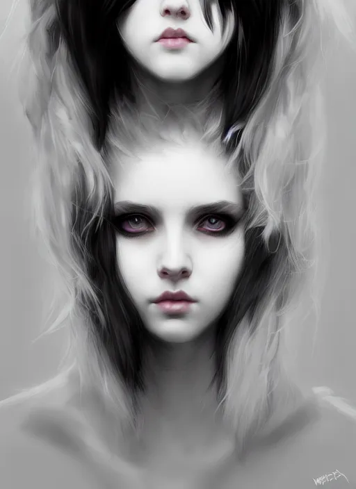 Image similar to portrait of white teenage girl, normal face, white bangs, mall goth, cyberlox, black and white hair, bangs, fluffy bangs, intricate, elegant, highly detailed, digital painting, artstation, concept art, sharp focus, smooth, illustration, art by wlop, mars ravelo and greg rutkowski