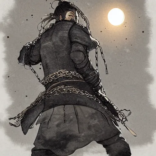 Image similar to A PORTRAIT FROM BEHIND OF A SAMURAI MAN VAGABOND WITH A MOON BEHIND HIM ,THE SAMURAI IS WRAPPED IN CHAINS ,detailed,editorial illustration, matte print, concept art, ink style , sketch , digital 2D