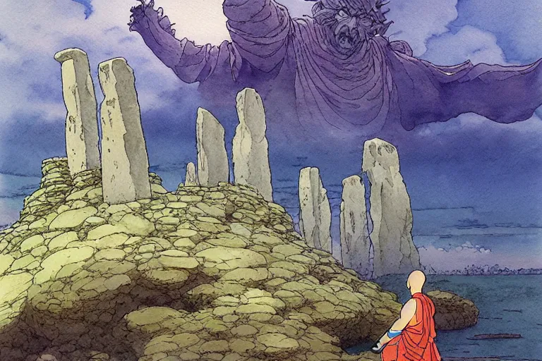 Image similar to a hyperrealist studio ghibli watercolor fantasy concept art. in the foreground is a giant monk in a grey robe lifting a stone. in the background is stonehenge. the scene is underwater on the sea floor. by rebecca guay, michael kaluta, charles vess