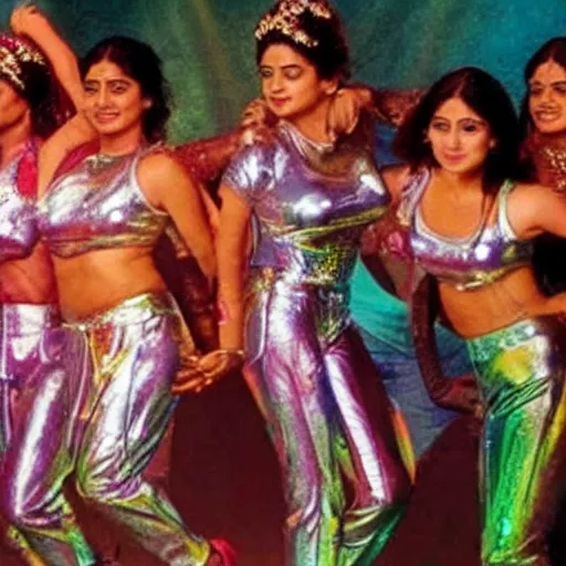 Prompt: 1 9 8 0 s bollywood movie, an elephant wearing a silver latex suit and an iridescent metal helmet surrounded by women dancing in colorful flowing intricate dresses on a tropical alien planet