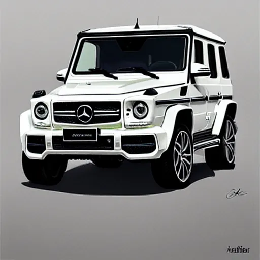 Prompt: White 2019 Mercedes G63, highly detailed, digital painting, artstation, concept art, smooth, sharp focus, illustration, art by artgerm and greg rutkowski and alphonse mucha