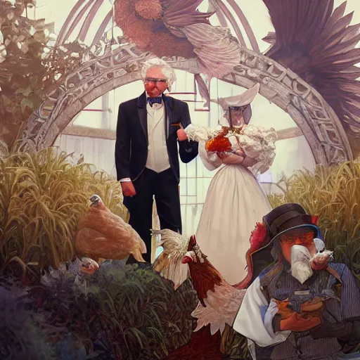 Image similar to closeup of Colonel Sanders getting married to a chicken, modern setting, intricate, elegant, highly detailed, digital painting, artstation, concept art, matte, sharp focus, illustration, hearthstone, art by Artgerm and Greg Rutkowski and Alphonse Mucha