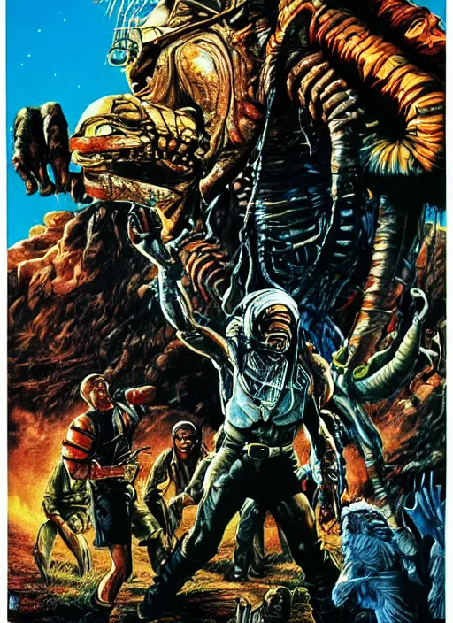 Prompt: Predator (1987) versus E.T. (1982) movie poster, illustration by Drew Struzan, John Alvin, highly detailed