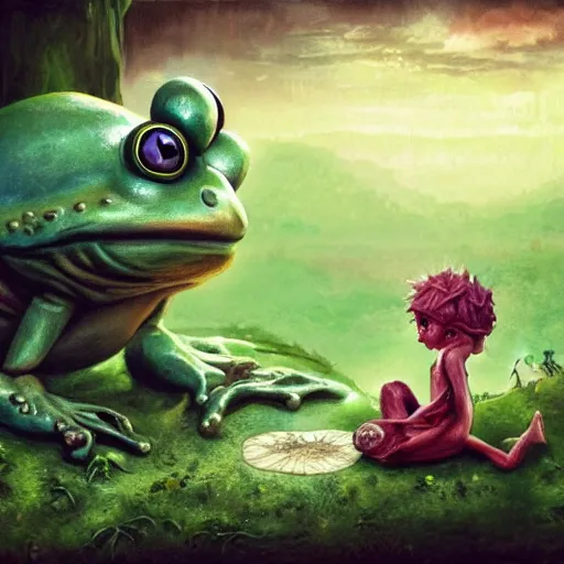 Prompt: A portrait of a scary godlike frog eating a fairy. award winning. superb resolution. in the art style of junji Ito and greg rutkowski . Detailed Mushroom city in background. Hyper realistic anime. Perfect art. Dalle2