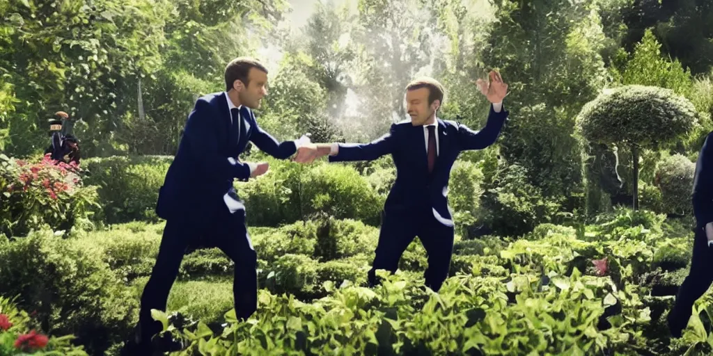 Image similar to emmanuel macron fighting vladimi putin in eden's garden, natural lighting, realistic, cinematic, close shot, stolen footage, octane render