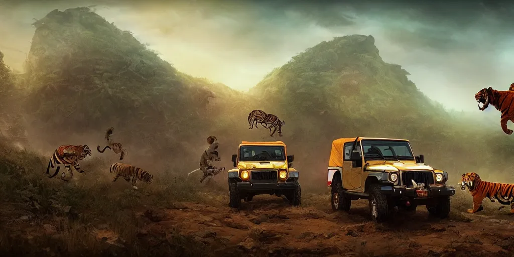 Image similar to Mahindra thar, headlights turned on, tigers and lions attacking, chasing action scene, an epic fantasy, dramatic lighting, cinematic, establishing shot, extremely high detail, photorealistic, cinematic lighting, matte painting, artstation, by simon stalenhag, horizon forbideen west