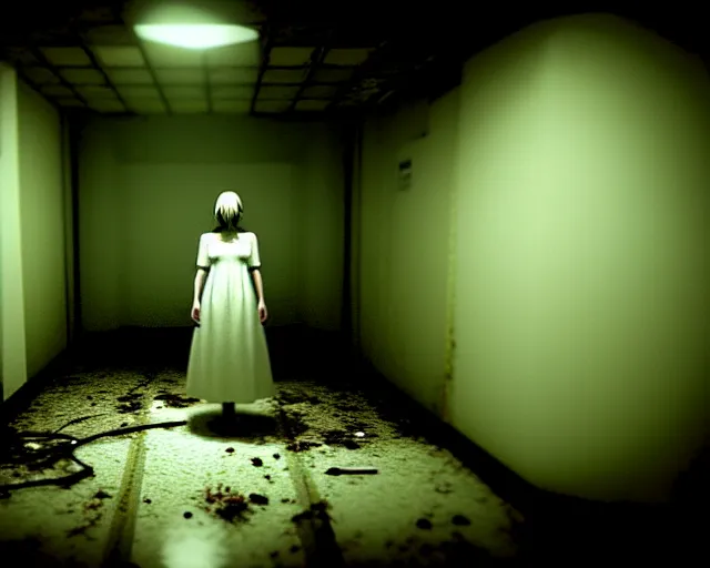 Image similar to creepy woman wearing white dress standing in the backrooms, playable trailer, psychological horror, the eerie forlorn atmosphere of a place that's usually bustling with people but is now abandoned and quiet, buzzing fluorescent lights above the ceiling, unsettling images, liminal space, dark