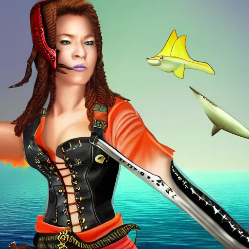 Prompt: Swashbuckling female pirate with iridescent shark skin, digital art, wearing shark skin clothing, digital art