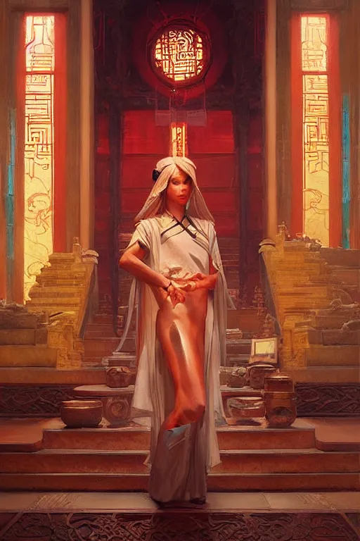 Image similar to temple, taoism, painting by greg rutkowski, j. c. leyendecker, artgerm