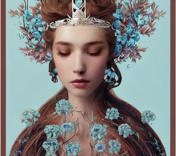 Image similar to breathtaking detailed concept art painting art deco pattern a beautiful wavy brown haired man!!!!!!! with pale skin and a crown on his head sitted on an intricate metal throne light - blue flowers with kind piercing eyes and blend of flowers and birds, by hsiao - ron cheng, bizarre compositions, exquisite detail