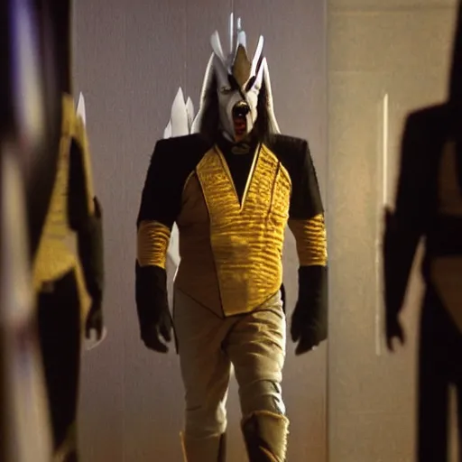 Image similar to a Klingon standing in a Star Trek Federation hallway,