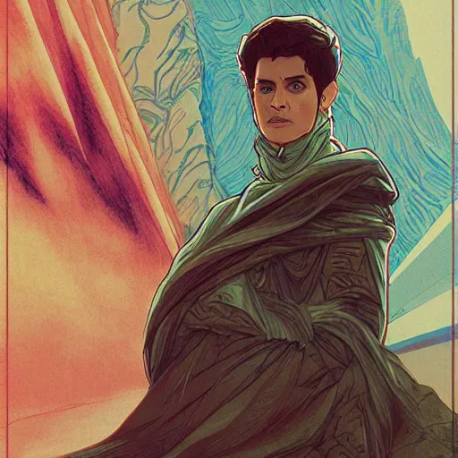 Image similar to dune themed majestic paul atreides prophet sketch by sachin teng, moebius, artgerm, alphonse mucha, masterpiece, organic painting, matte painting, futuristic geometrical drawing shapes, desert ambience, hard edges, graffiti, street art by sachin teng