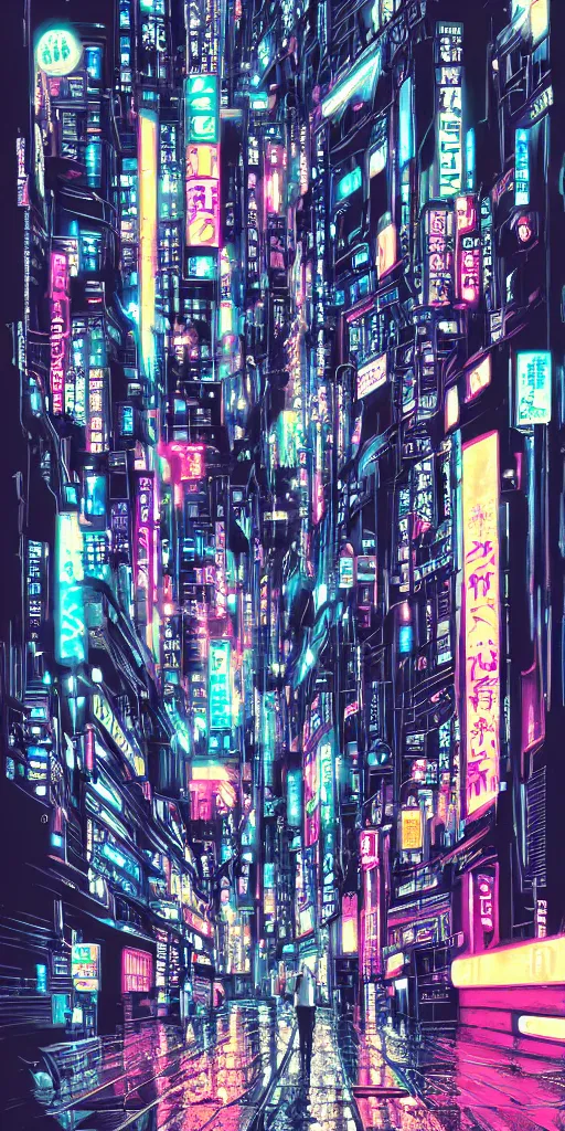 Prompt: Neo-Tokyo 20XX Skyline, cyberpunk Tokyo, rain falling on neon, art by kirokaze