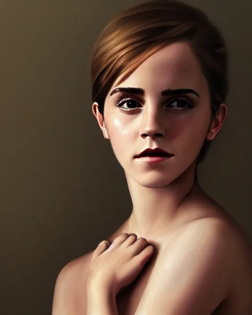 Image similar to detailed digital painting of a emma watson, half body portrait, by luang huahue, sharp details, soft brushstrokes, subsurface scattering, warm lighting