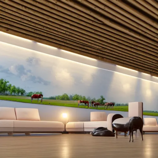 Image similar to interior view of modern futuristic farm barn architecture and interior design, lounge chairs, sofas, cows, chickens, pigs, wall art, detailed luminescent oil painting 4 k