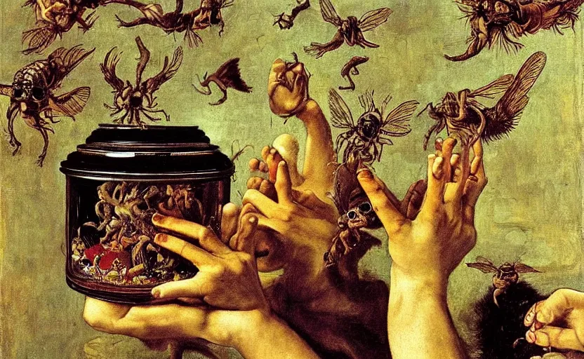 Prompt: a painting of pandora opening her jar, releasing monsters and critters that impersonate sickness and death, misery a masterpiece by artemisia gentileschi, critters flying around, wide angle