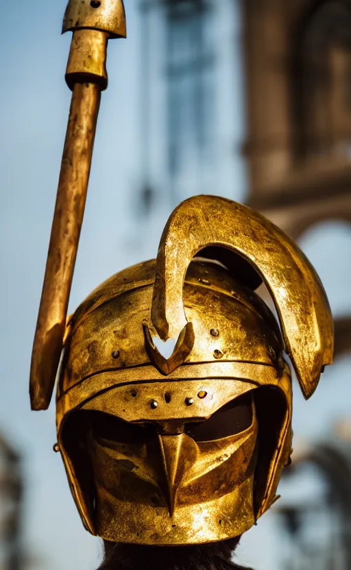 Image similar to a warrior wearing a hoplite helmet, museum photography, closeup, bokeh, golden hour