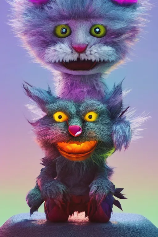 Image similar to 3 d model of adorable evil furry monster with glowing eyes by alexander jansson : 1 | centered, rainbow colored fur, matte background : 0. 9 | by jim henson : 0. 7 | dave melvin : 0. 4 | unreal engine, deviantart, artstation, octane, finalrender, concept art, hd, 8 k resolution : 0. 8