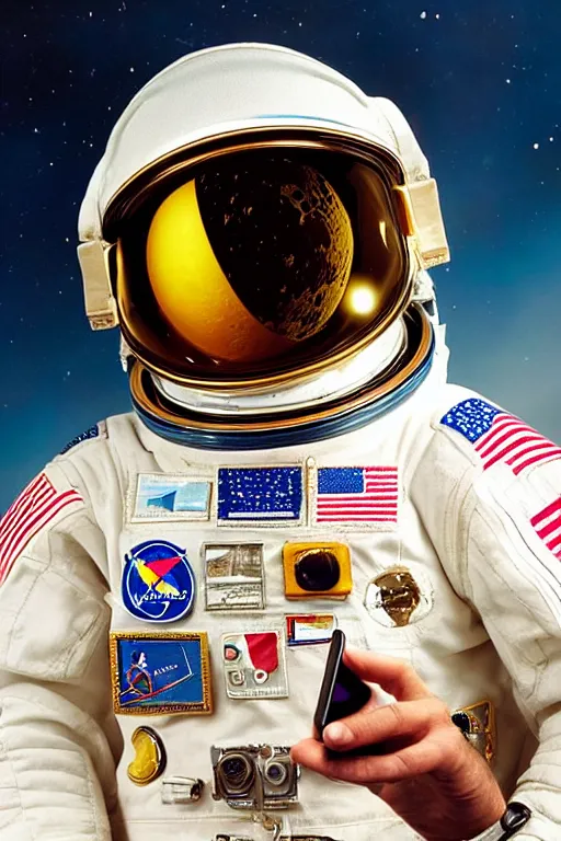 Image similar to extremely detailed studio portrait of space astronaut, holds an iphone in one hand, iphone held up to visor, reflection of iphone in visor, moon, extreme close shot, soft light, golden glow, award winning photo by david lachapelle