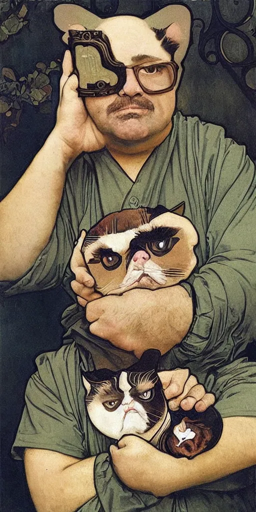 Prompt: “ george costanza from seinfeld holding grumpy cat, halo, art nouveau, extremely detailed, by alphonse mucha ”