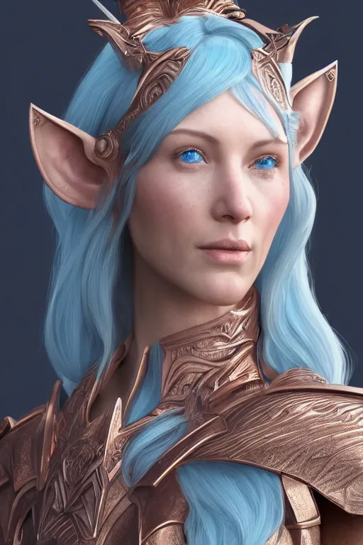 Prompt: a beautiful and highly detailed digital portrait of a dignified female elven paladin with blue hair in rose gold armor by clint cearley, centered, artsation contest winner, artstation hd, cgsociety, fantasy art, cryengine, concept art, photorealism, daz 3 d, sketchfab, zbrush, vray