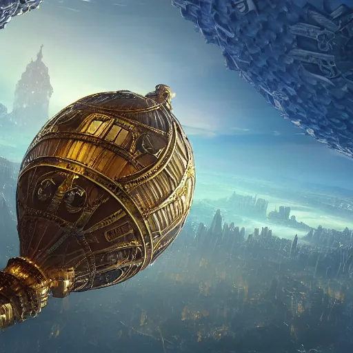 Image similar to enormous flying city in a gigantic faberge egg, sky, steampunk, floating islands, fantasy art, unreal engine,