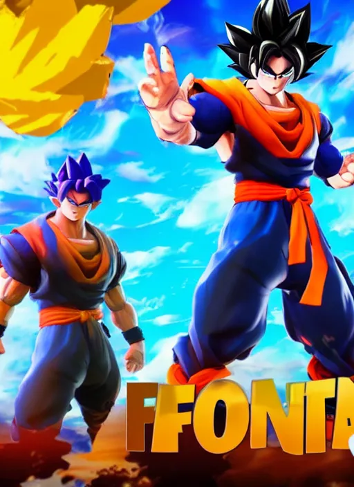 Image similar to game still of a sayan goku as a fortnite skin in fortnite by fortnite, pose.