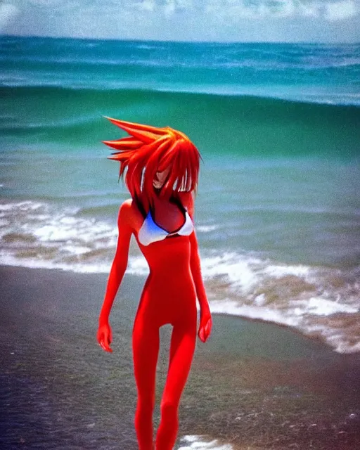 Prompt: dreamy tiktok iPhone photo of beautiful Asuka Langley from evangelion as a surfer in Florida, 35mm, cinematic, trending on Instagram, Asuka as a surfer model, 8k, 4k