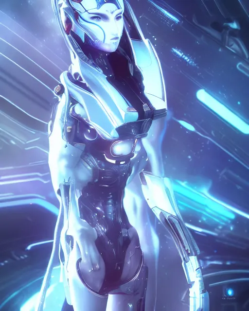 Image similar to perfect android girl on a mothership, warframe armor, beautiful face, scifi, futuristic, galaxy, nebula, raytracing, dreamy, long white hair, blue cyborg eyes, sharp focus, cinematic lighting, highly detailed, artstation, divine, by gauthier leblanc, kazuya takahashi, huifeng huang