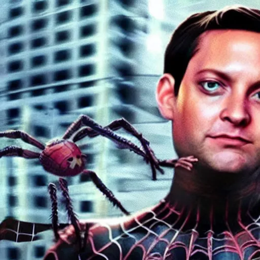 Image similar to hyper realistic Tobey Maguire wearing sam raimi Spider-Man costume 4K