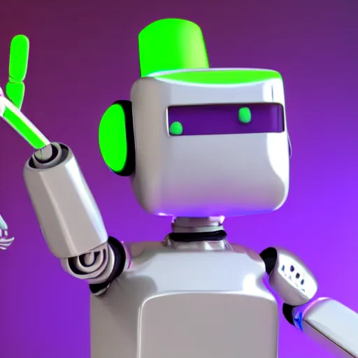 Prompt: a photorealistic 3 d render made in blender of a colourful friendly robot being poked in the eye by a man with a stick. background is a purple gradient