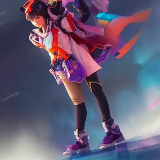 Image similar to waking dream, d. va from overwatch wearing orange ektachrome bomber jacket, craig mullins style