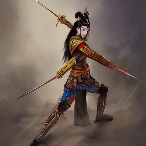 Prompt: Beautiful full body painting of a beautiful warrior woman wearing Ming Dynasty armor confronting a Ninja, concept art, artstation