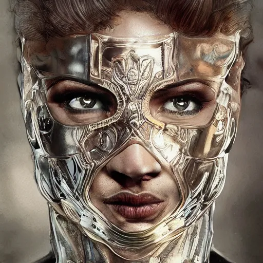 Image similar to Very very very very highly detailed epic photo of face with venetian mask, intricate, dystopian, sci-fi, extremely detailed, digital painting, artstation, concept art, smooth, sharp focus, illustration, intimidating lighting, incredible art by Artgerm and Vincent di Fate