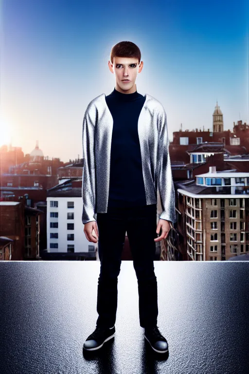 Image similar to un ultra high definition studio quality photographic art portrait of a young man standing on the rooftop of a british apartment building wearing soft padded silver pearlescent clothing. three point light. extremely detailed. golden ratio, ray tracing, volumetric light, shallow depth of field. set dressed.