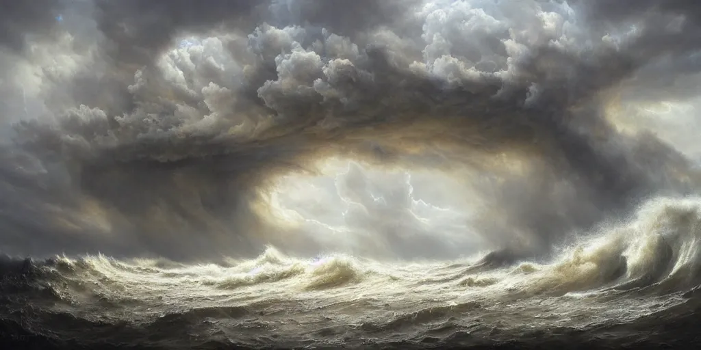 Prompt: stunning painting of a stormy sea with giant waves and lightning, by ellen jewett, by tomasz alen kopera, by Justin Gerard, ominous, magical realism, texture, intricate, volumetric lighting, high details