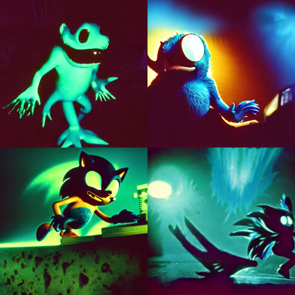 Prompt: ektachrome medium format provia film still of a sonic the hedgehog blue swamp creature with fangs and claws, warped VHS, anomorphic lens flare, creepypasta