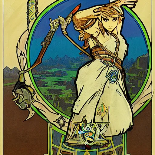 Image similar to a painting of The Legend of Zelda: Breath of the wild by mucha