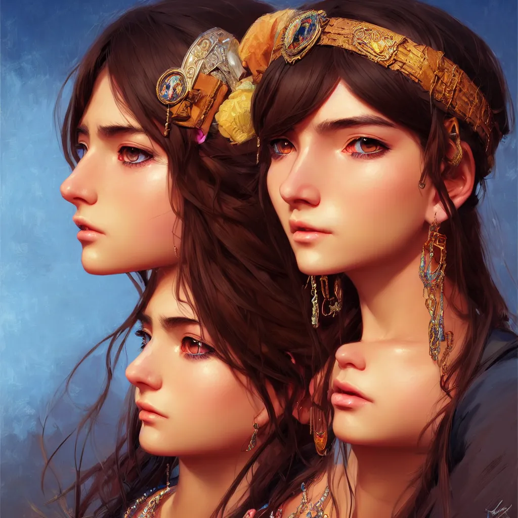 Image similar to a comic portrait of an gypsy girl, fine - face, realistic shaded perfect face, fine details, jewelry, night setting. very anime style. realistic shaded lighting poster by ilya kuvshinov katsuhiro, magali villeneuve, artgerm, jeremy lipkin and michael garmash, rob rey and kentaro miura style, trending on art station