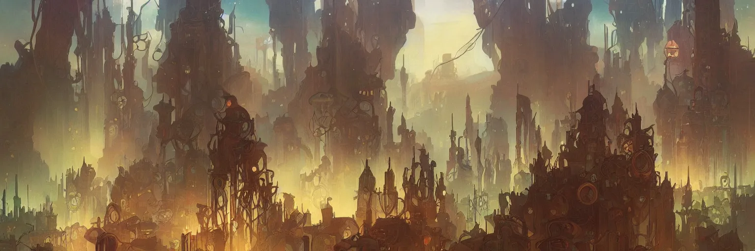 Prompt: a beautiful painting of a dystopian steampunk landscape by alfons maria mucha and julie dillon and makoto shinkai