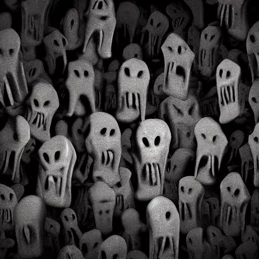 Image similar to dark wall shaped with multiple screaming faces of ghosts trapped inside it. photoreal. unreal render. cinematic. ominous shapes. haunted