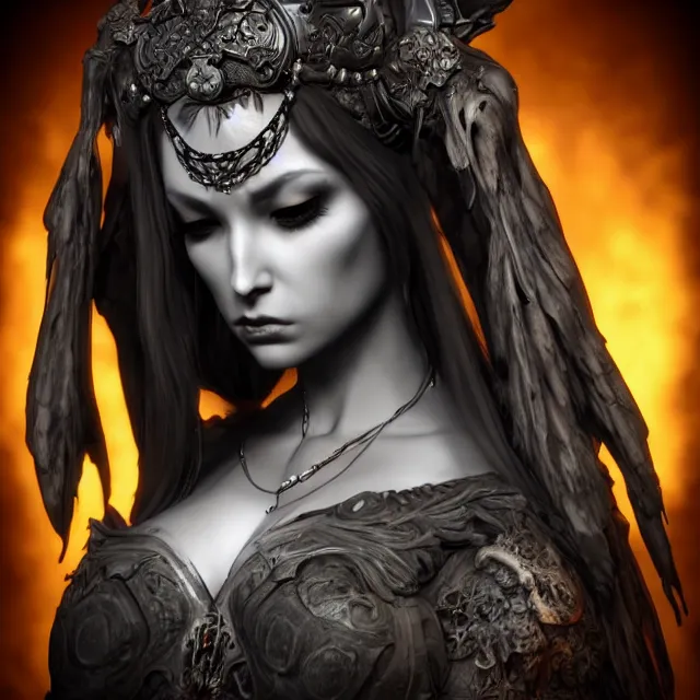 Image similar to perfectly centered close up portrait, candid photography, goddess of death, by anne stokes, updo, highly detailed, accurate, unreal engine 5