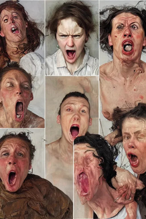 Image similar to portraits of a woman enraged, part by Jenny Saville, part by Lucian Freud, part by Norman Rockwell