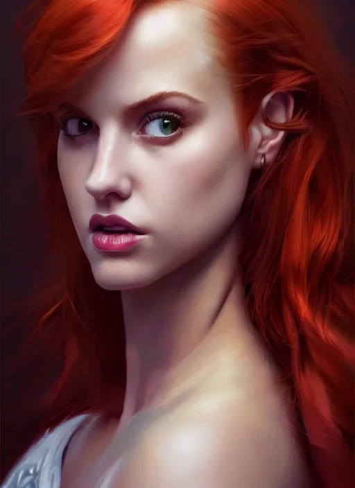 Prompt: portrait of teenage cheryl blossom, bangs, green eyes, mean expression, mischievous expression, red hair, evil smirk, bangs and wavy hair, bangs, intricate, elegant, glowing lights, highly detailed, digital painting, artstation, concept art, smooth, sharp focus, illustration, art by wlop, mars ravelo and greg rutkowski