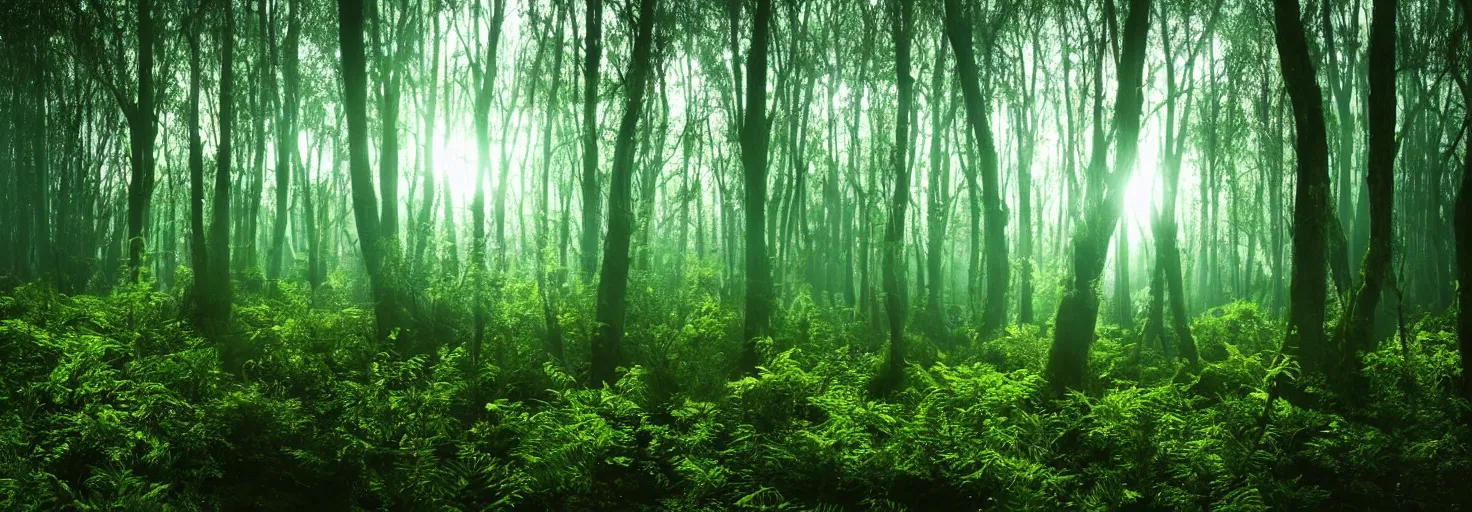 Image similar to a forest with glowing plants, magical, starts visible in the sky, wide shot, dramatic lighting