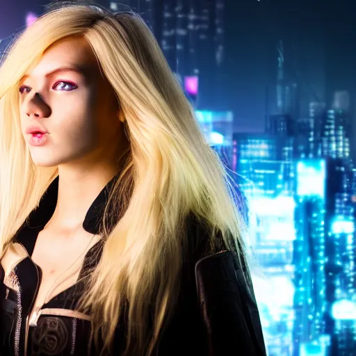 Image similar to a beautiful young cyberpunk woman with blonde hair in front of a building, studio lighting, 8 k, highly detailed, rule of thirds