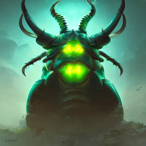 Image similar to a giant glowing rhino beetle, horned beetle, horned beetle, green theme, bright art masterpiece artstation. 8 k, sharp high quality artwork in style of jose daniel cabrera pena and greg rutkowski, concept art by tooth wu, blizzard warcraft artwork, hearthstone card game artwork, horned beetle