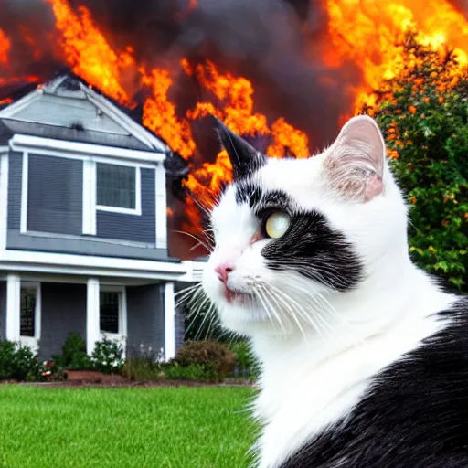 Image similar to an adorable ominous cat sitting in the yard of a two story home that is blazing on fire in the background behind the cat, real photo, evening